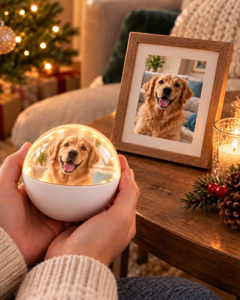 Händer som håller julkulan med samma hund som i fotoramen