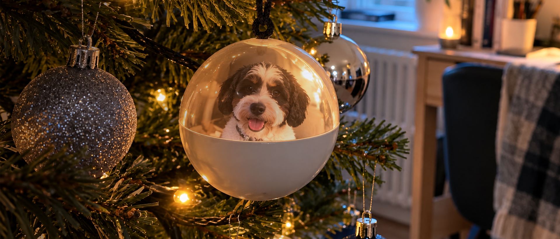 Julkula med en hund på bilden som lyser i julgranen