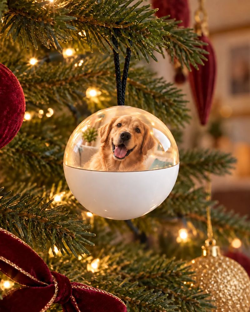 Lysande julkula med en golden retriever i granen