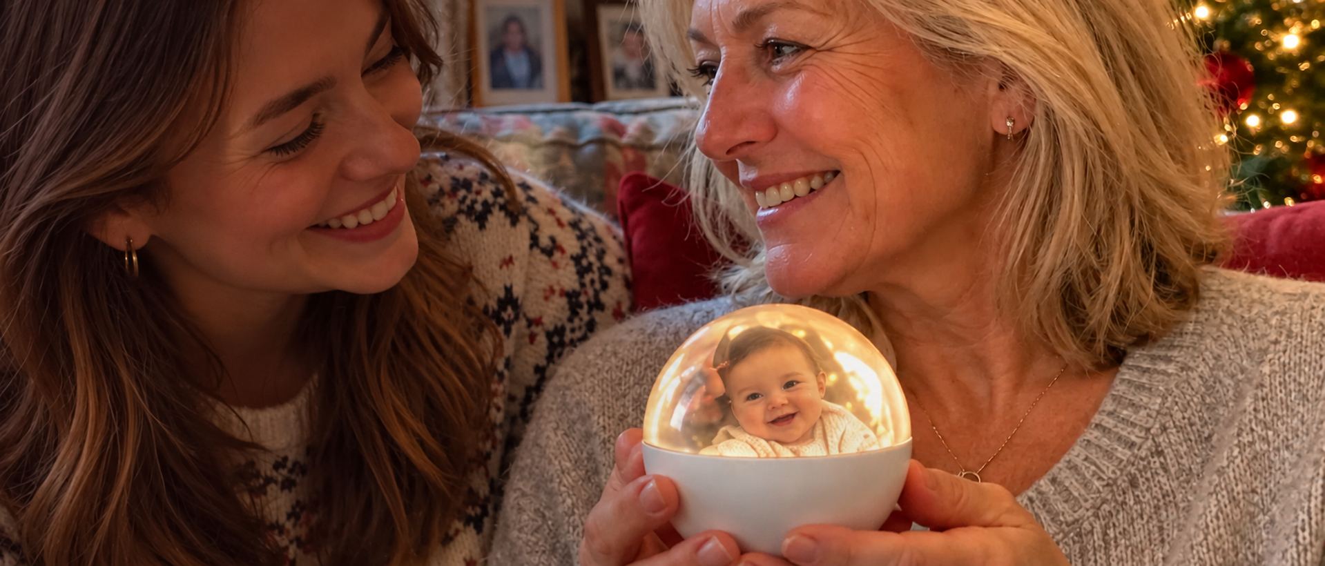 Mamma och dotter med en lysande julkula med bebisbild