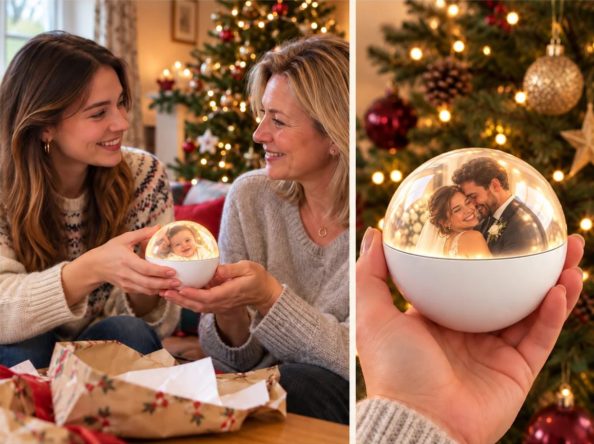 Två julkulor: en ges bort och en behålls