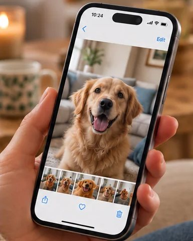 Hand som väljer en hundbild i mobilen