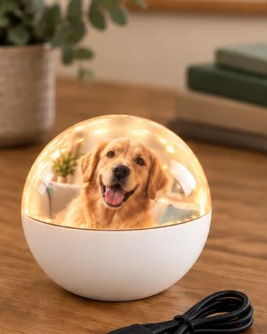 Julkulan lyser med hundbilden på ett bord bredvid laddkabeln